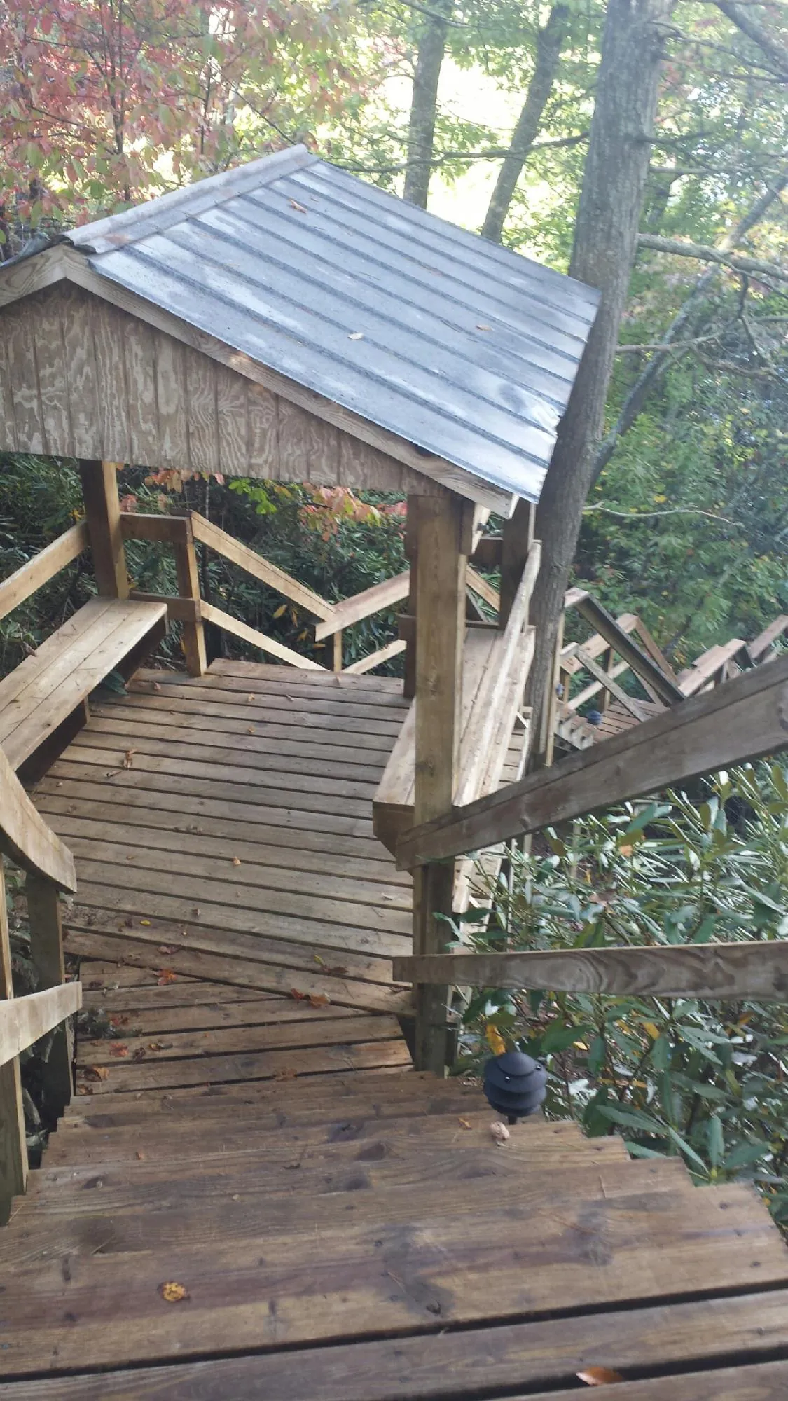 Metal roofed shelter over wooden steps on a wooded walkway — Skylight Repair & Installation work by our crew in Rexford